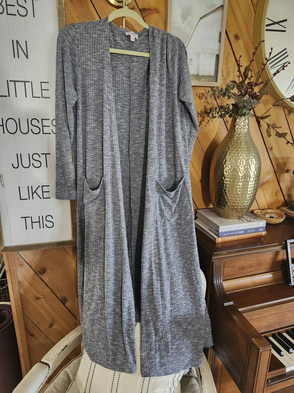 Long Open Front Grey Duster Cardigan Soft And Cozy Ribbed - Picture 2 of 3